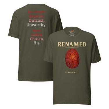 Renamed T-Shirt Military Green flat lay mockup showing front and back fingerprint and word stack design